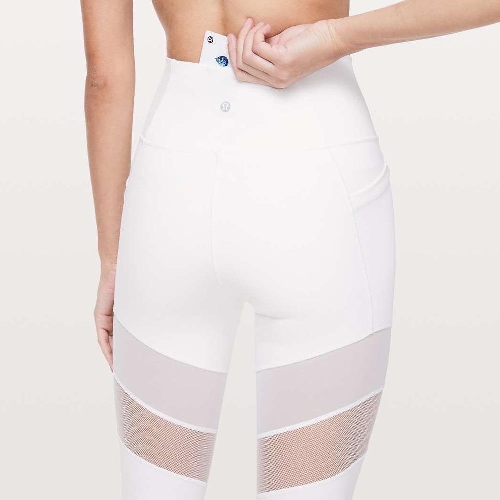 Lululemon‎ Forget The Sweat Tight White Mesh Panel Leggings with Pockets Size 2